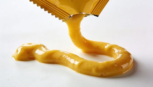 Pouring mustard from squeeze packet creating glossy yellow sauce swirl on white surface