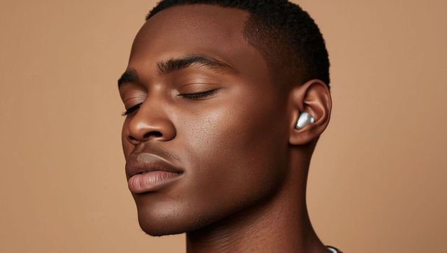 Young man listening with silver wireless earbud close-up portrait on beige background