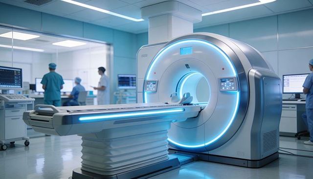 Operating mri scanner with blue-lit bore and monitoring staff in modern radiology suite