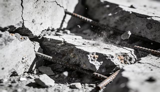Fractured reinforced concrete slab with exposed rusted rebar, dust and crumbling rubble