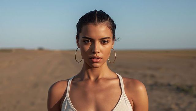 Sunlit woman gazing at camera on sandy dunes wearing cream tank top and gold hoop earrings