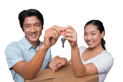 Happy Couple Holding Keys in New Home Transparent Background