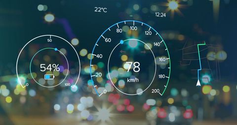 Electric Car Dashboard HUD Concept with City Lights Background - Download Free Stock Images Pikwizard.com