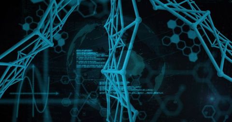 Cyan Molecular Lattice Encircling Digital Globe with Holographic Hexagonal Data Network