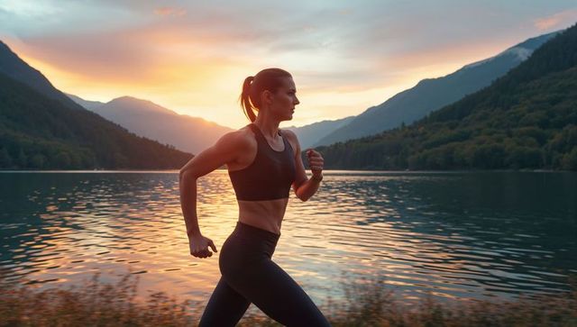 Athletic woman running by mountain lake at sunset
