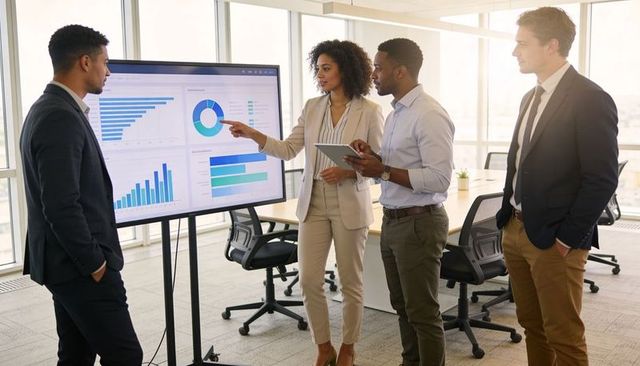 Diverse team presenting data dashboard and analytics charts during business meeting