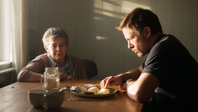 Sunlit quiet breakfast scene with man and older woman sharing thoughtful morning meal
