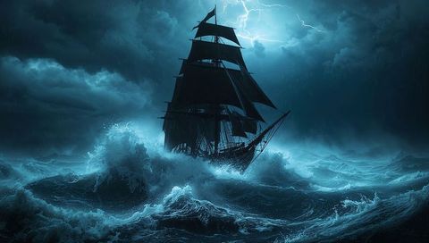 Dramatic Night Voyage: Majestic Sailboat Faces Stormy Seas