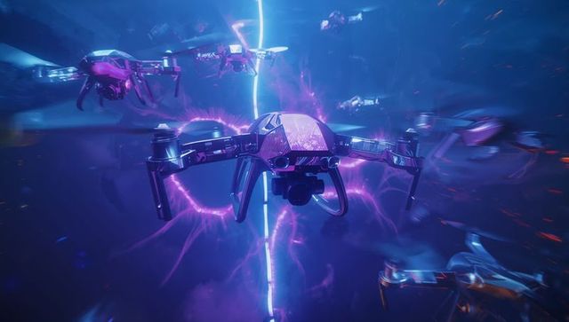 Futuristic Drones Navigating Through Electric Cosmic Rift