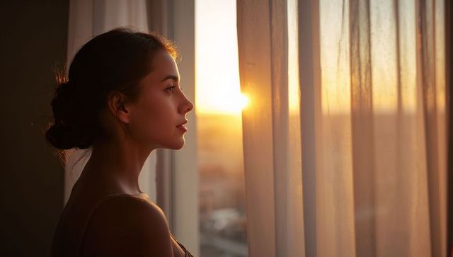 Young woman gazing through sheer curtains at golden hour sunlight, contemplative window portrait