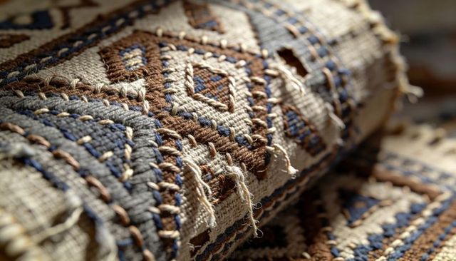 Handwoven embroidered cushion showing frayed braided stitches and geometric pattern