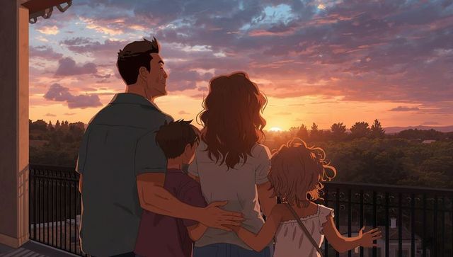 Family Watching Sunset from Balcony at Dusk, Backlit Golden Hour Together