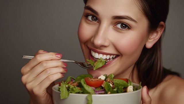Smiling Woman Enjoying Fresh Veggie Salad