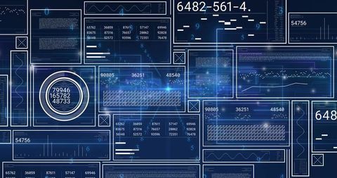 Blue data dashboard displaying translucent panels, circular gauge, waveform graphs, grid