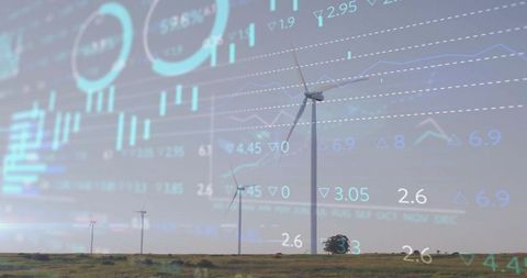 Wind Turbine Powering Renewable Grid with Data Overlay and Energy Analytics Visualization