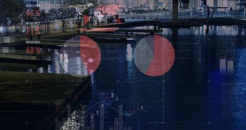 Night waterfront reflecting data dashboard with red and gray pie charts and percent metrics