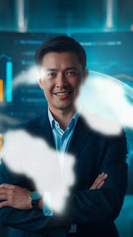 Executive Presenting Digital Globe and Live Data Visualizations in Vertical Tech Video