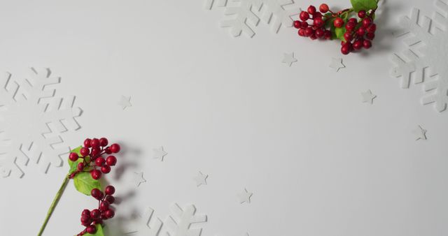 White background featuring holly berries and snowflakes, perfect for holiday greeting cards, festive promotions, seasonal advertisements, and winter-themed invitations. Ample space for adding text or designs.