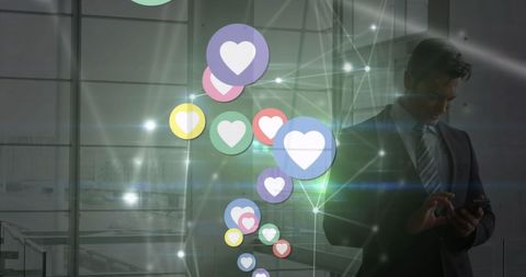 Businessman Interacting with Floating Social Media Hearts