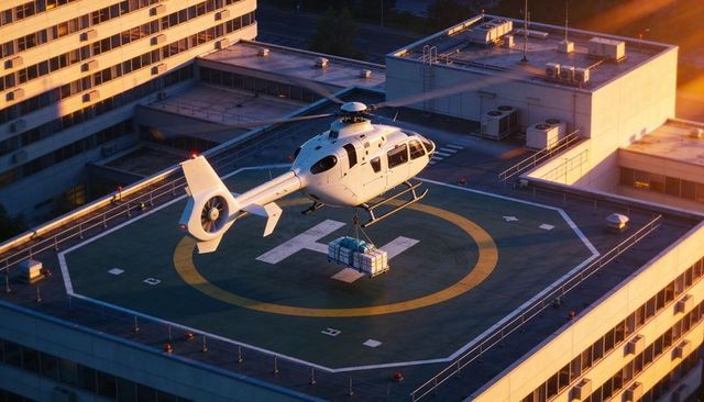 Hovering utility helicopter lifting cargo pallet onto rooftop helipad during golden hour