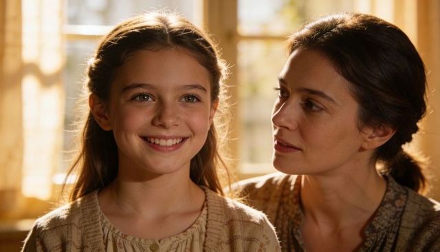 Mother leaning toward smiling daughter by sunlit window conveying warmth and gentle care