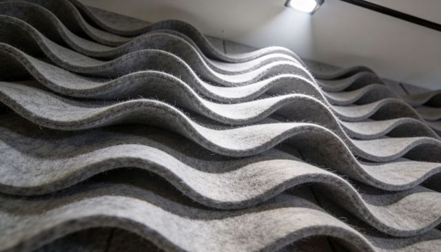 Layered Gray Felt Acoustic Panels Creating Corrugated Wave Texture for Modern Interiors