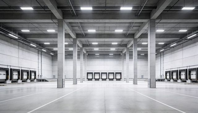 Empty industrial warehouse loading bays showcasing symmetrical concrete columns and dock doors