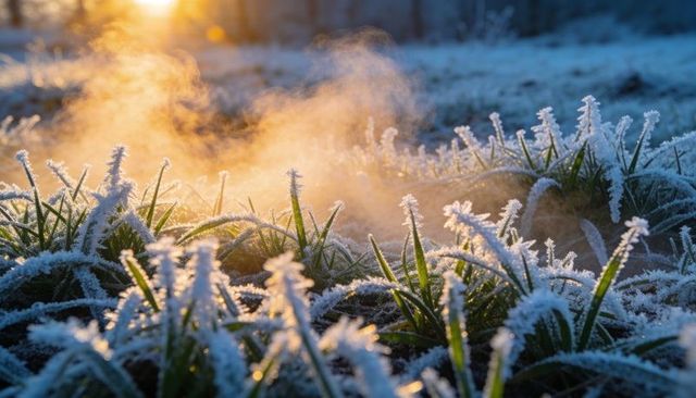 Glistening hoarfrost clinging to meadow grass with golden mist rising at sunrise