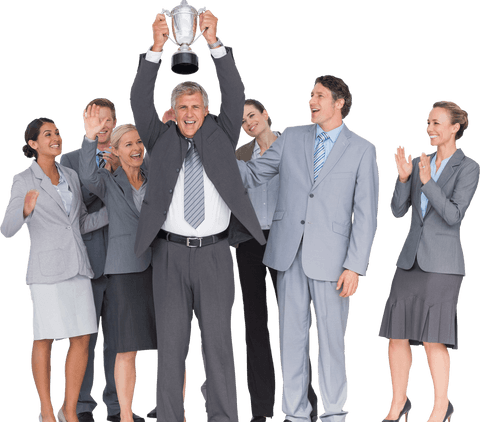 Excited transparent business team celebrating with trophy