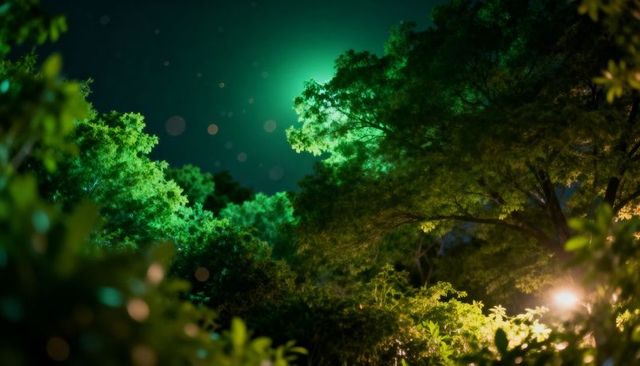 Emerald glow bathing park treetops at night with soft bokeh and warm lamp backlight