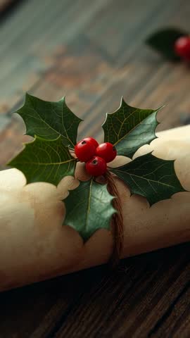 Panning across rustic tabletop showcasing vintage scroll tied with twine and holly sprig