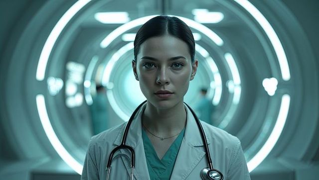 doctor stands confidently in innovative hospital environment, symbolizing future of medical innovation and research. ideal for use in articles about cutting-edge healthcare technology, scientific advancements, and vision of future medicine.