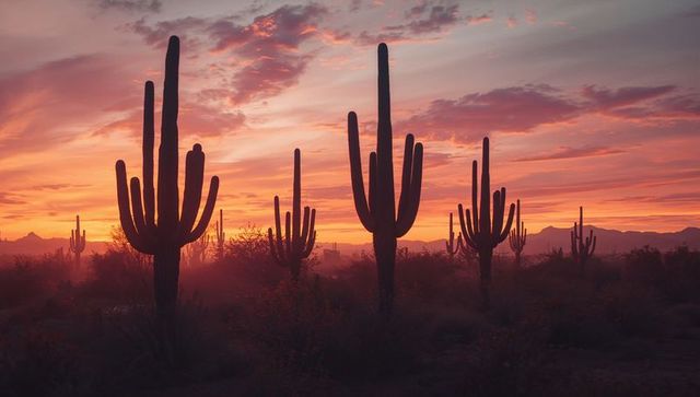 Silhouetted Saguaro Cacti Against Vibrant Desert Sunset Sky