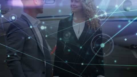 Business Professionals Networking at Airport with Digital Overlay
