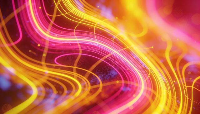Swirling neon light ribbons flowing across vibrant abstract canvas with glowing particles