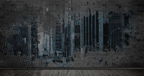 Urban Skyline Mural on Brick Wall: Artistic Cityscape Display