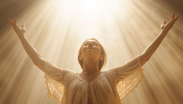 Woman Raising Arms into Radiant Light Wearing Flowing Beaded Robe Spiritual Ethereal
