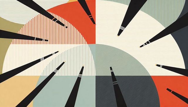 Midcentury geometric radial collage with overlapping semicircles and black wedges