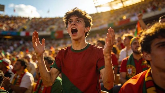 Teenage portuguese fan cheering and shouting in sunlit stadium wearing red and green