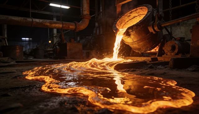 Pouring molten metal flowing across foundry floor with glowing stream and ladle hoist