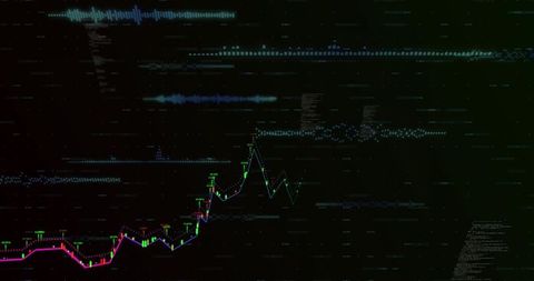 Neon candlestick market chart with glitch data streams and rising analytics line dashboard