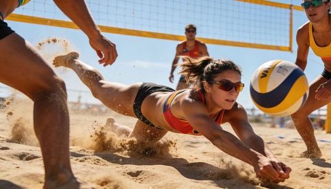 Female beach volleyball player diving for ball, sand flying, competitive outdoor action
