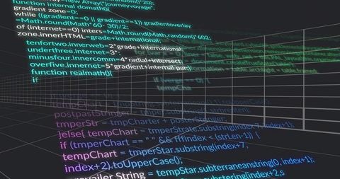 Floating Monospaced Code and Wireframe Grid Receding in 3D with Neon Holographic Glow