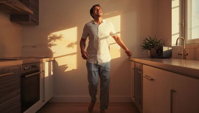 Young man enjoying golden hour sunlight in modern kitchen barefoot relaxed lifestyle