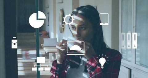 Asian Woman Relaxing with Coffee Surrounded by Technology Icons