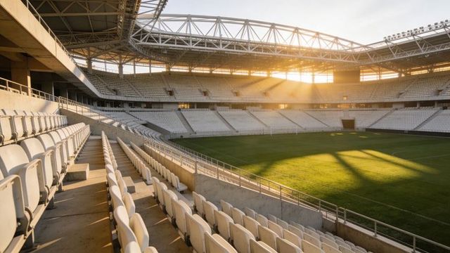 Empty modern stadium at golden hour showing sunlit white seats and green football pitch
