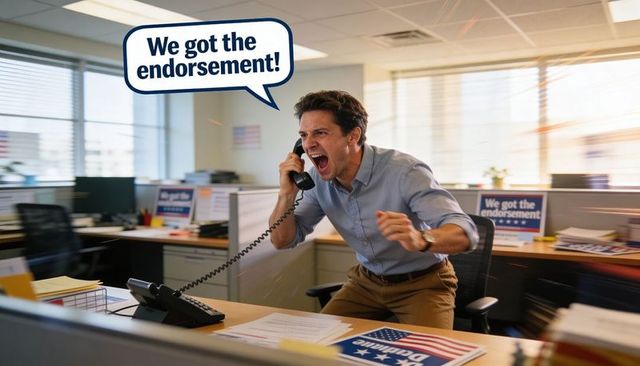 Triumphant campaign worker celebrating endorsement in excited phone call at campaign desk