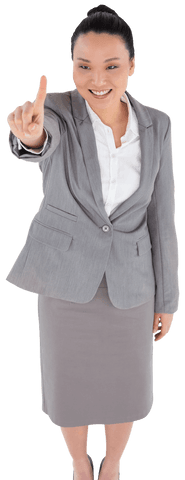 Transparent happy asian businesswoman pointing up at virtual interface