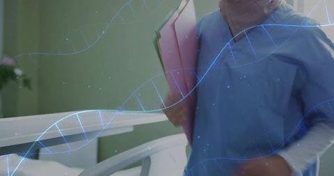Senior nurse carrying patient files beside hospital bed with dna helix overlay