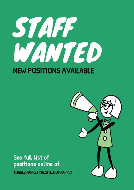 Cartoon character promoting staff recruitment and new positions. Green background with inviting text encourages potential candidates to apply. Useful for companies seeking to attract job seekers, organizations looking to fill volunteer positions, and recruitment campaigns.